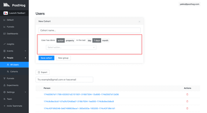 cohort - user action date range selection